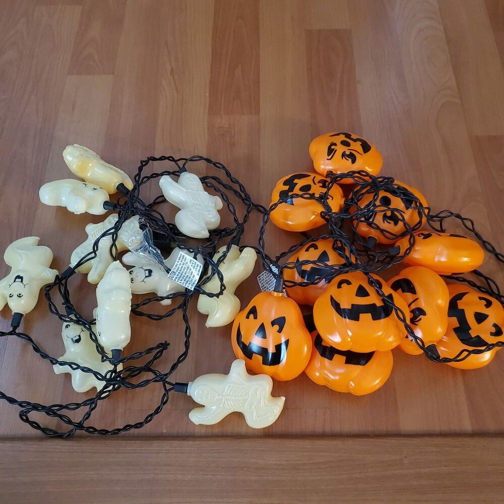 Lot Of 2 Vintage Ghosts Pumpkins Blow Mold String Lights Halloween Works READ